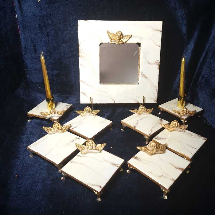 سفره هفتسین رزینی طرح سنگ کرمی و طلایی با تزئین فرشته 