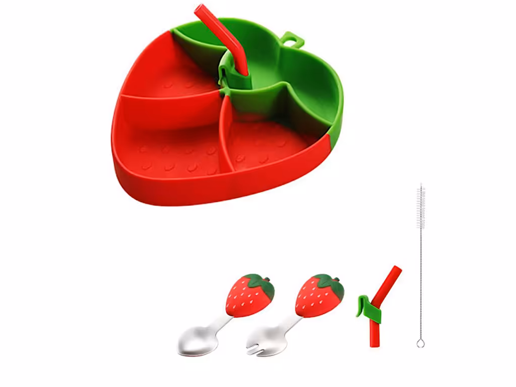 ست ظرف غذا چسبان و قاشق و چنگال سیلیکونی به همراه نی طرح توت فرنگی