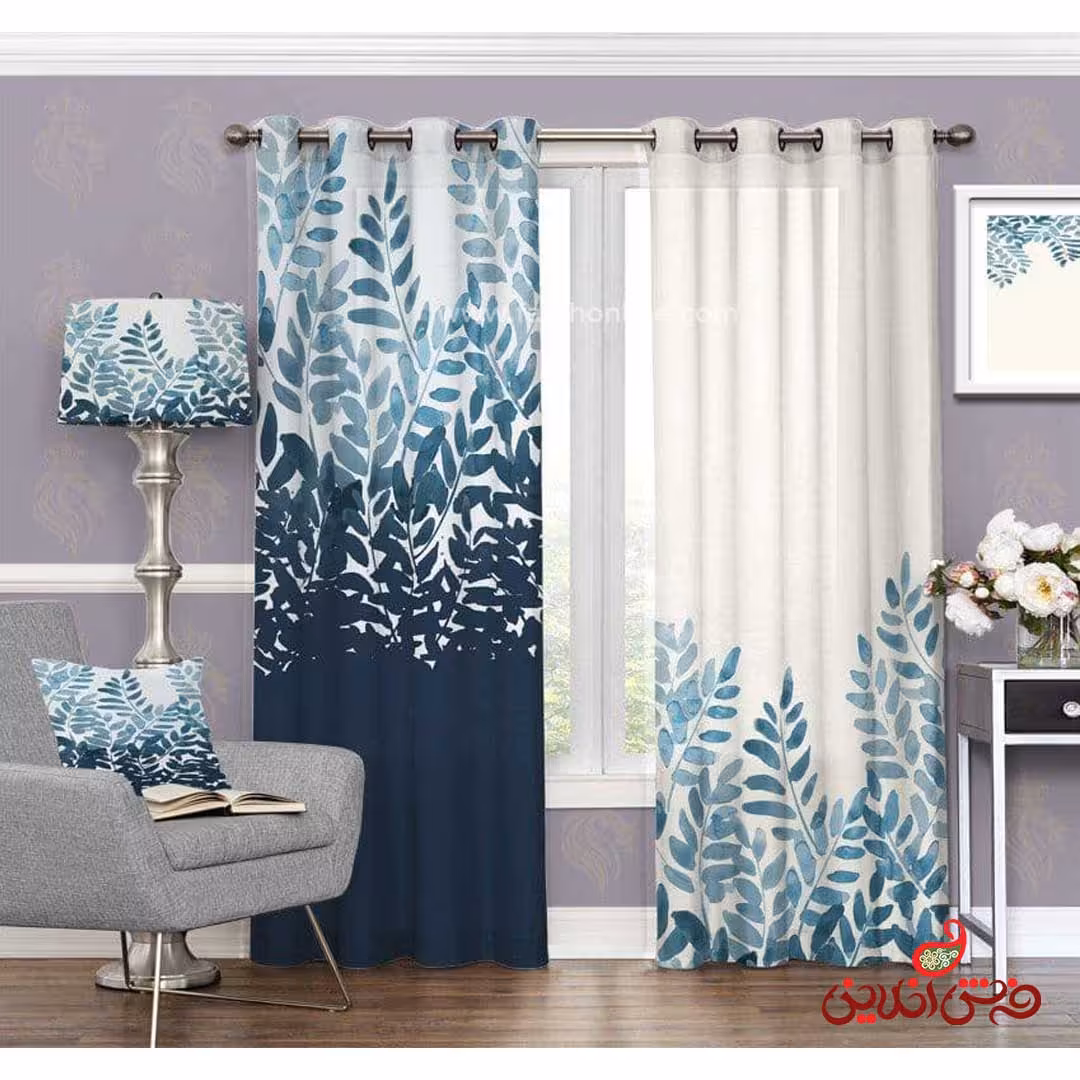 پرده طرح برگ های آبی کم رنگ و پر رنگ کد 3408
