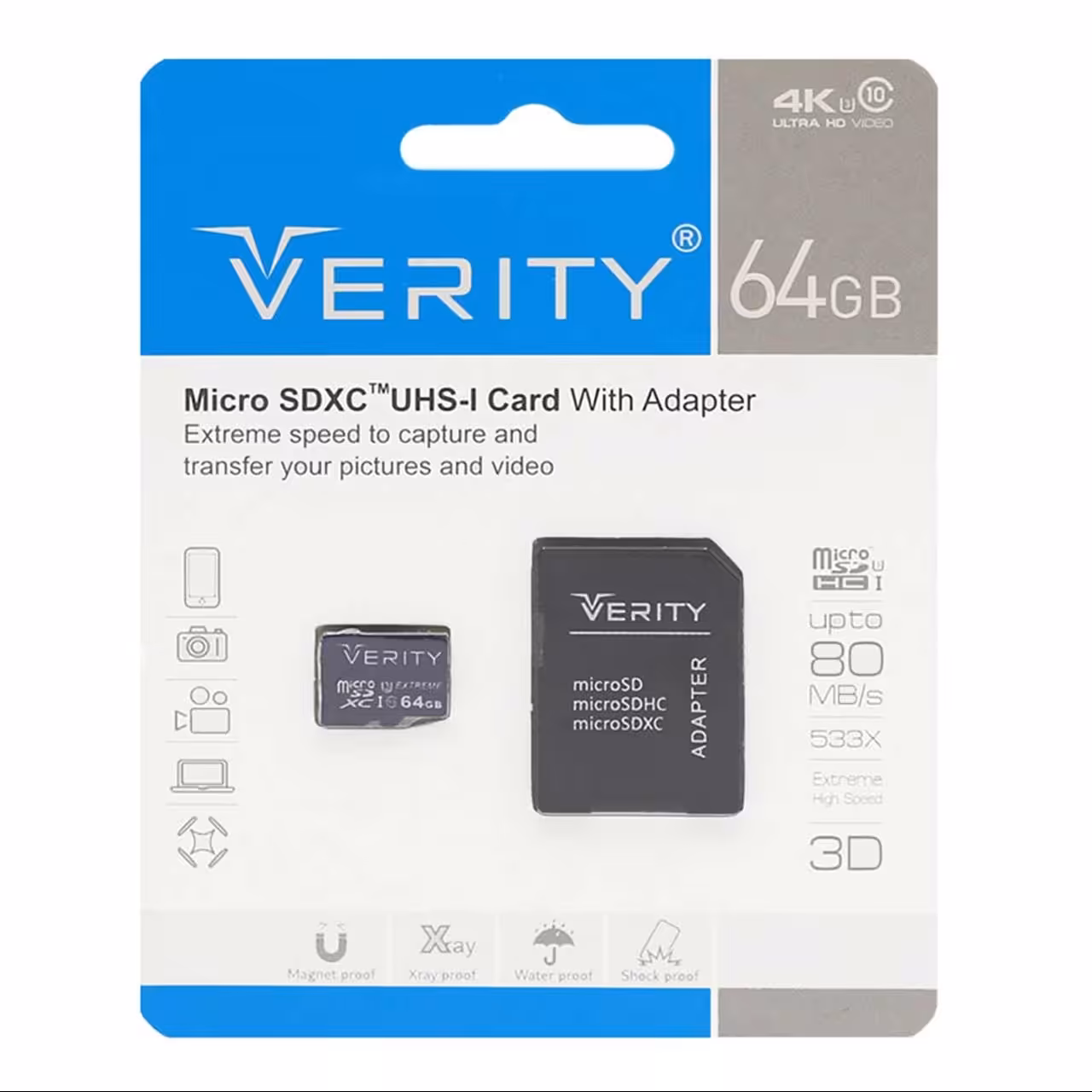 مموری کارت Verity microSDXC  adapter UHS-I U3 Class 10 Extreme 80MBs-64GB