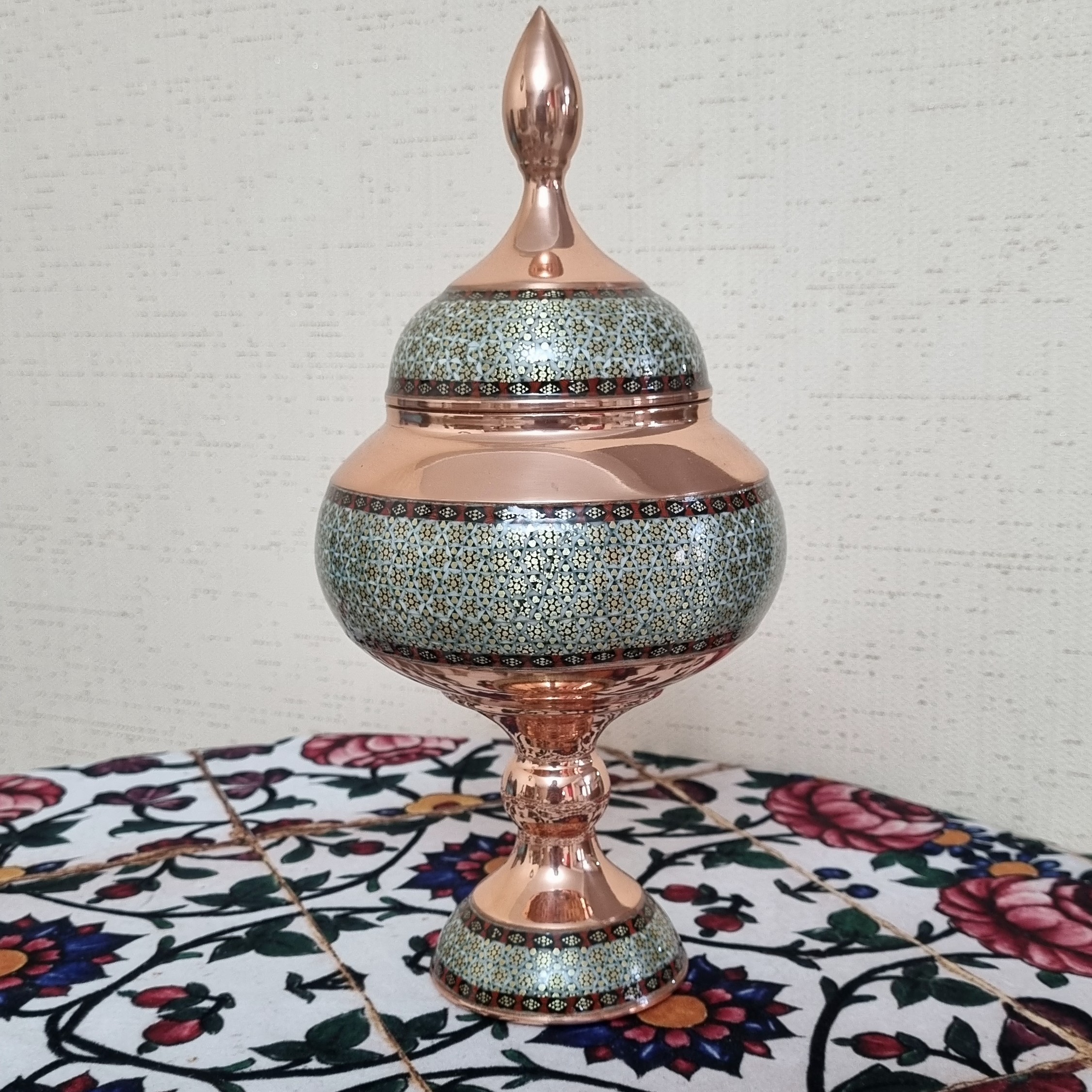 شکلاتخوری بزرگ مس و خاتم ارتفاع 27 سانت