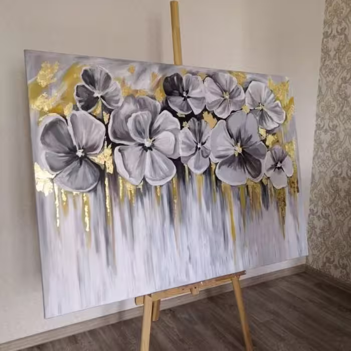 تابلو نقاشی مدرن گل دکوراتیو  ورق طلا تم طوسی طلایی 