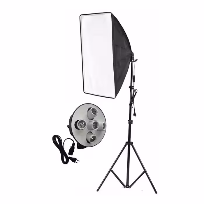 نور ثابت پروژکتور 5 لامپ به همراه سافت باکس و پایه نور 807