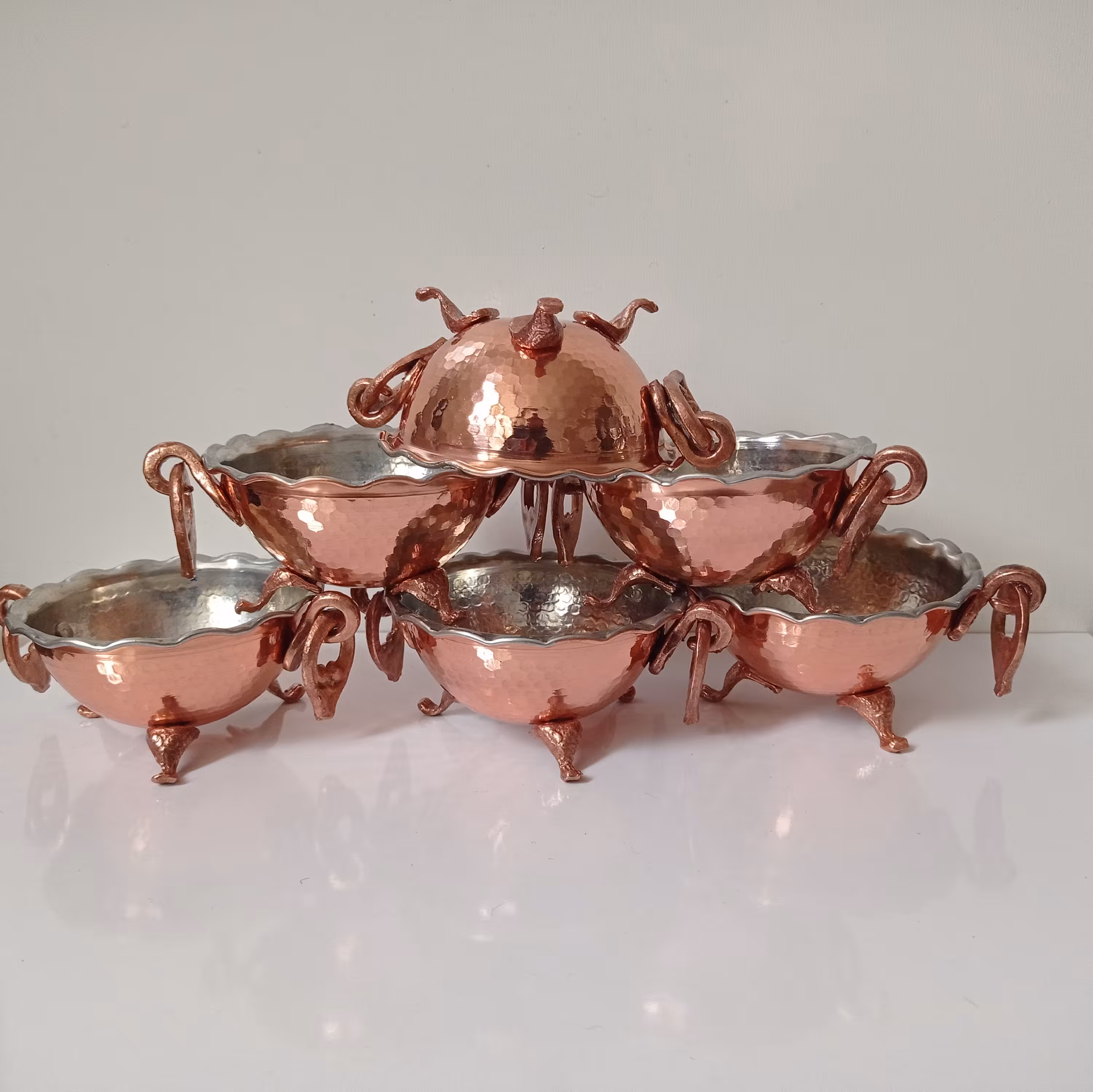 کاسه مسی گوشواره دار سه پایه مسی 6عددی نانو شده