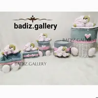 سرویس نانان صورتی طوسی شامل سبدلباس بزرگ و لوستر و سطل ودستمال و لوسبون