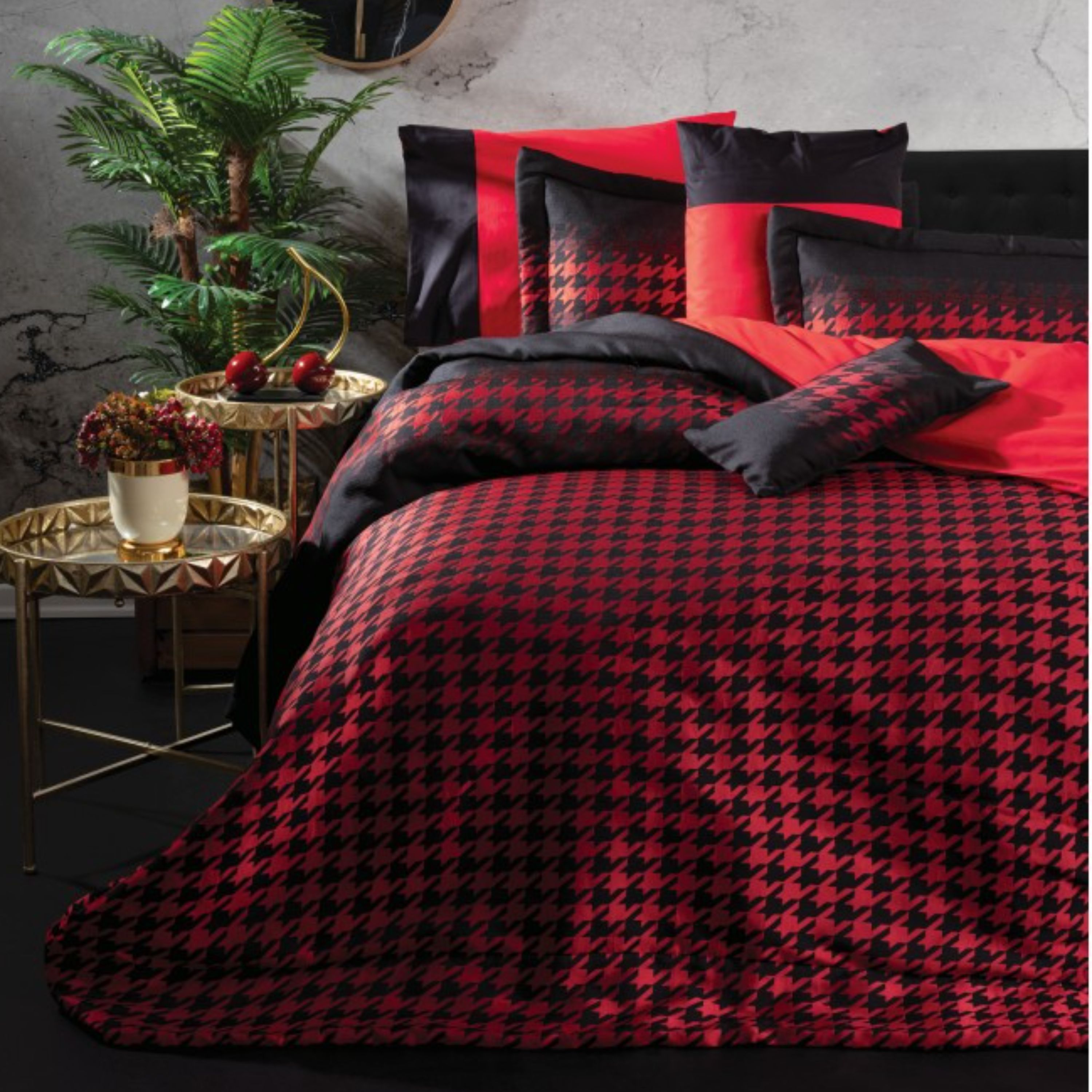 رو تختی و ست ملحفه کاتن باکس مدل Light Dazzle Kirmizi-Siyah دو نفره 8 تکه