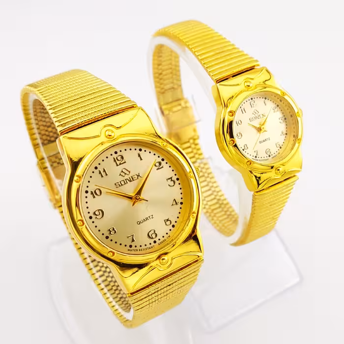 ست ساعت مچی سونیکس Sonex موتور قدرتمند استیل طلایی ضدآب رنگ ثابت شیشه معدنی بهمراه جعبه ساعت و ارسال رایگان 