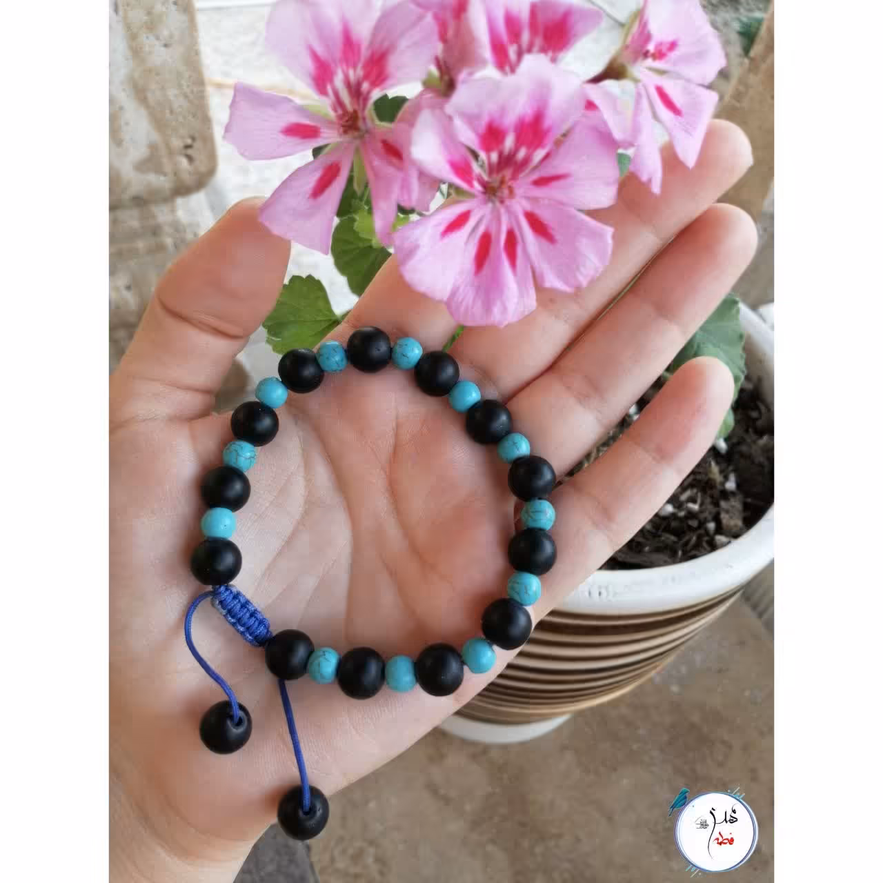 دستبند ترکیبی سنگ اونیکس و سنگ تبت (مشکی-فیروزه ای)