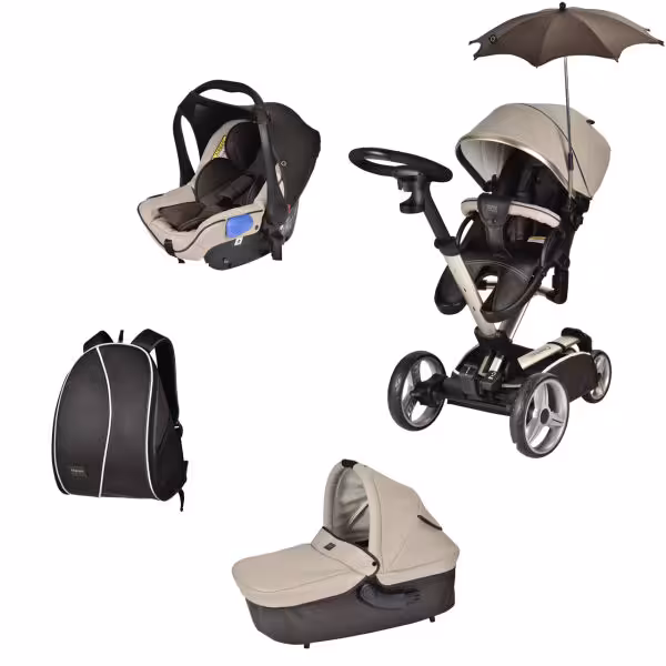 کالسکه کریر چلینو  3 چرخ مارکو رنگ کرم قهوه ای  چهار تکه با کریکات و ساک لوازم و چتر  مدل مارکو رنگ طلاییchelino marco gold