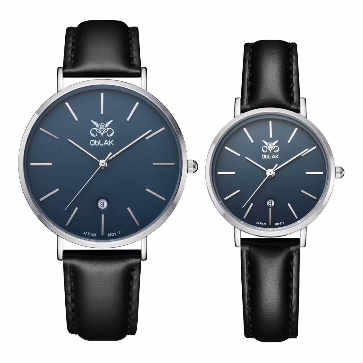 ست ساعت مچی عقربه ای زنانه و مردانه اوبلاک مدل 72705رنگ استیل صفحه سورمه ای