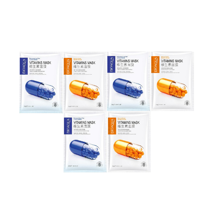 ماسک صورت بایو آکوا مدل ویتامینه و ب کمپلکس وزن 30 گرم مجموعه 6 عددی