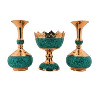 ست سه تکه سرویس گلدان شلغمی فیروزه کوبی و آجیل خوری مس و فیروزه کوبی نیشابور قلم زنی شده و لب شبکه ای 16 سانتی سایروس 