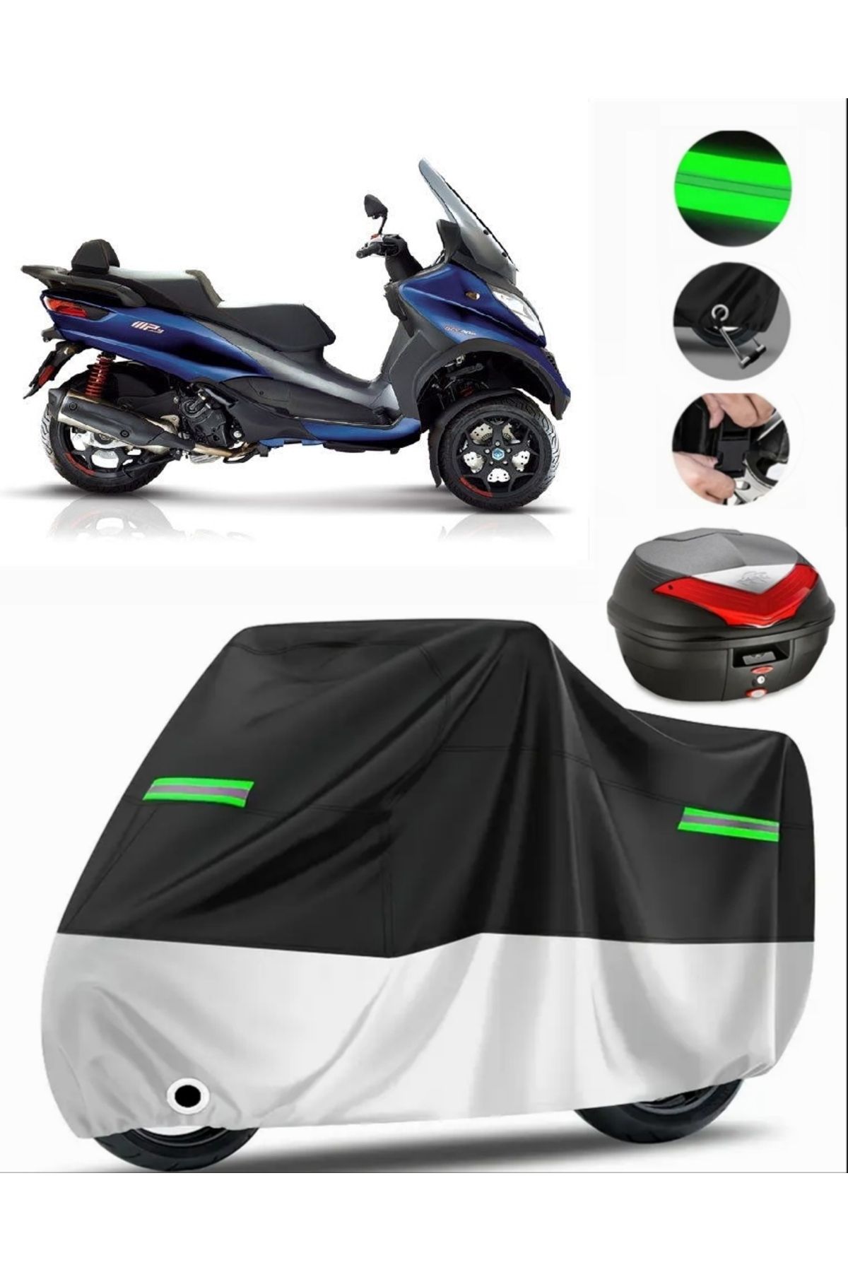 چادر موتورسیکلت خاکستری PIAGGIO MP3 500 کیسه عقب سازگار با برنزه موتور سیکلت پریمیوم قفل سیاه MotoEn