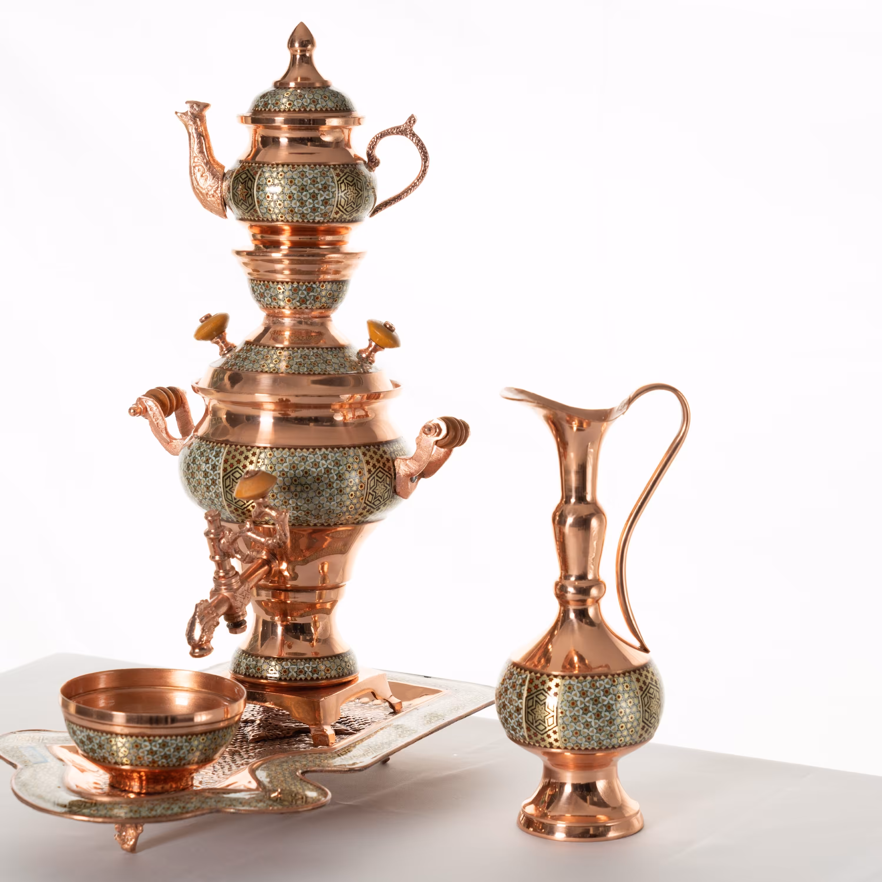 سرویس سماور پنج پارچه  مس وخاتم یک ونیم لیتری 