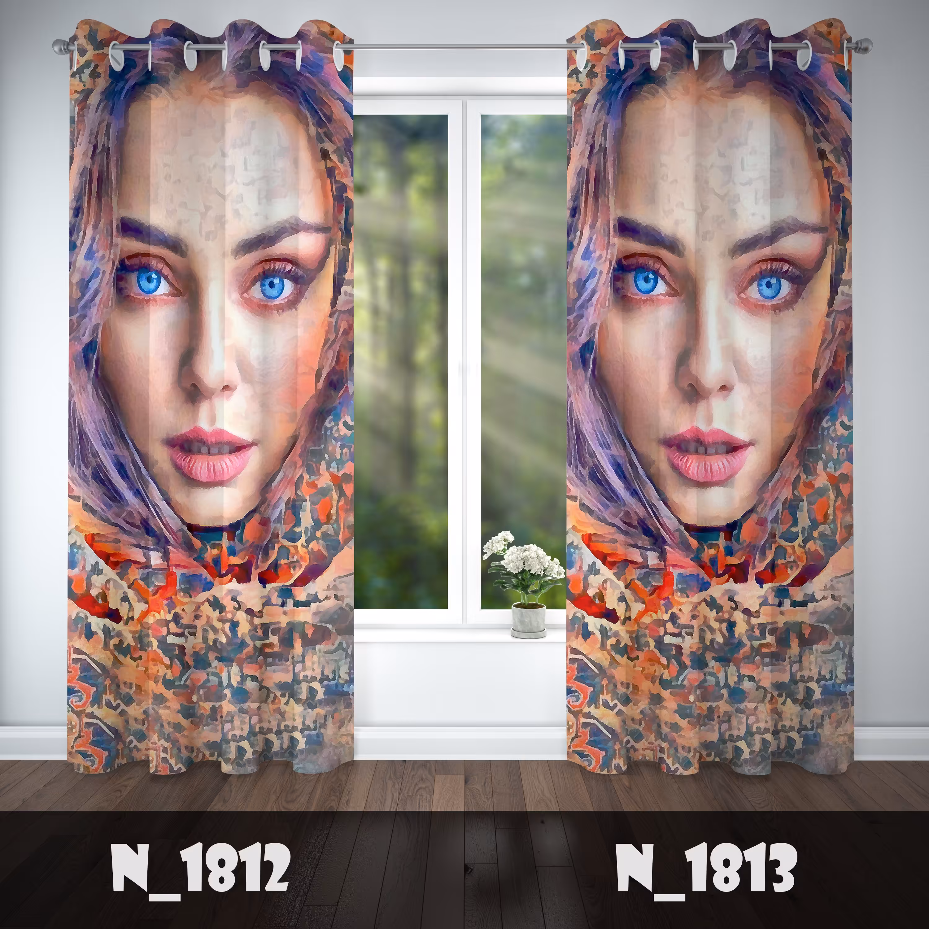 پرده چاپی پانچی طرح سنتی رخ چشم آبی