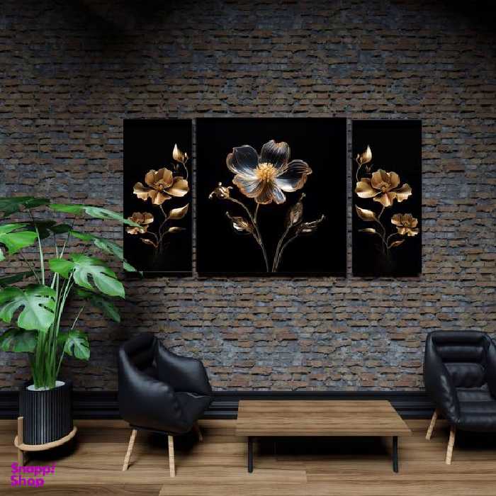 تابلو شاسی بکلیت طرح مدرن گل طلایی مدل SH-1884 مجموعه 3 عددی