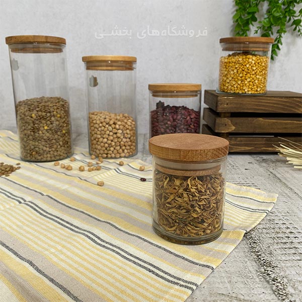 بانکه شیشه ای مدل درب چوبی هرا سایز 5 نیلوفر