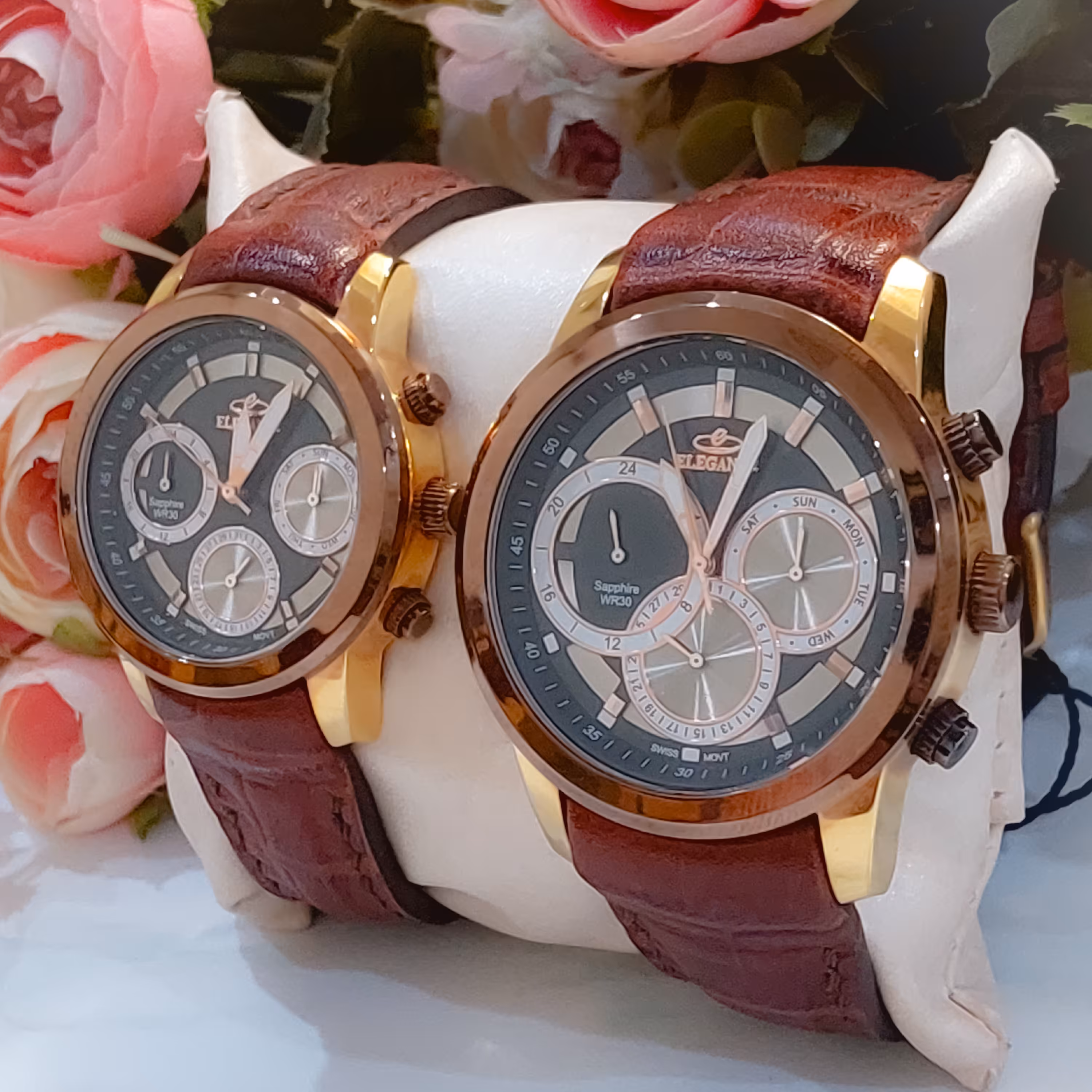 ساعت ست الگانس سه موتوره فول تایم ست زنانه مردانه با بند چرم طبیعی