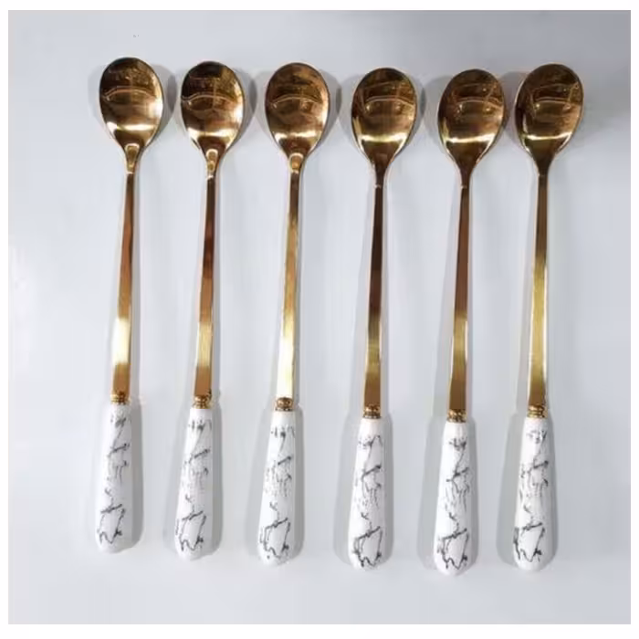 قاشق شربت خوری طلایی دسته سرامیک طرح ماربل رنگ سفید 