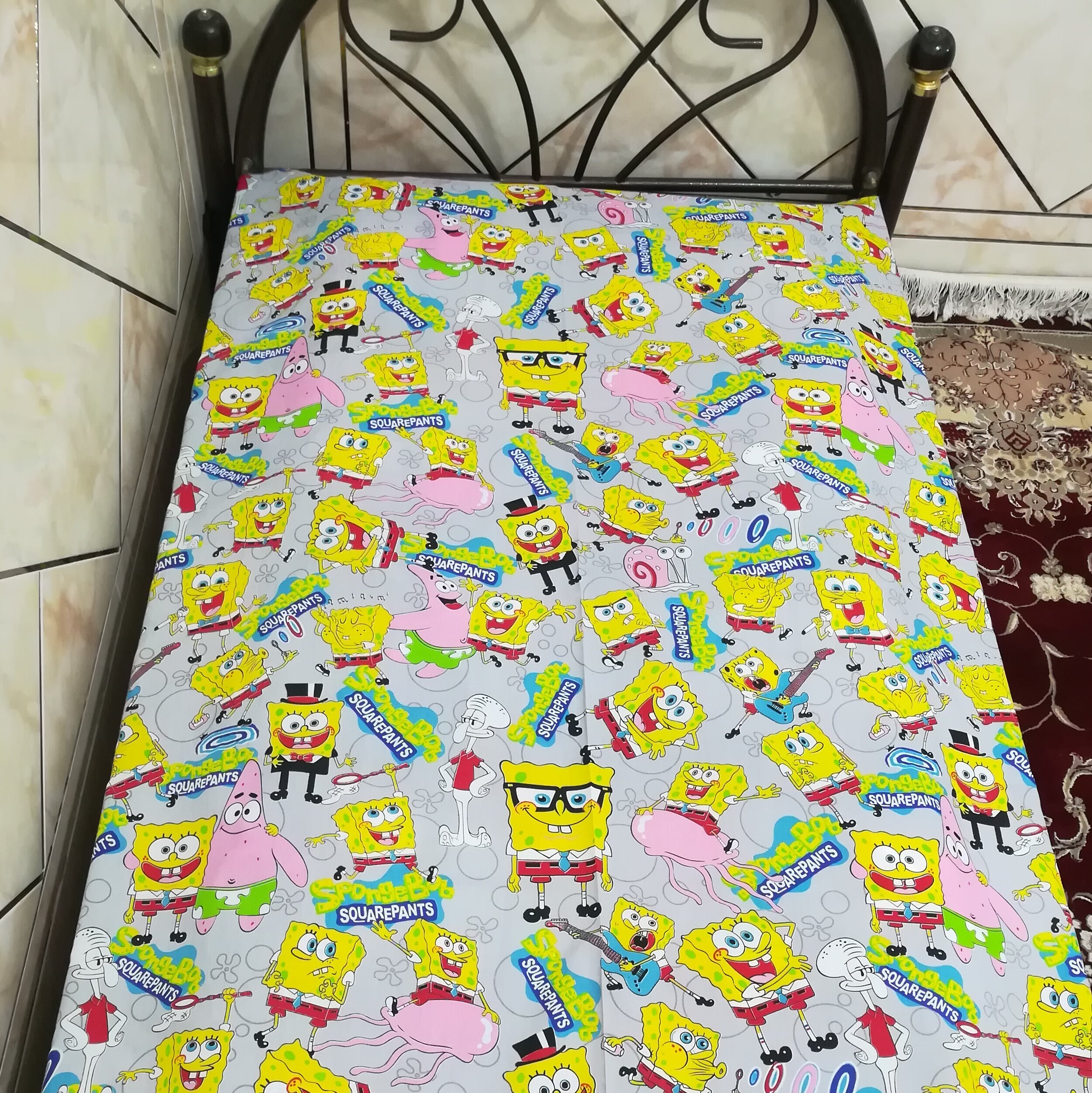 نیم ست روتختی کش دار تک نفره، طرح باب اسفنجی (کاور تشک تخت  با 1 عدد روبالشتی)