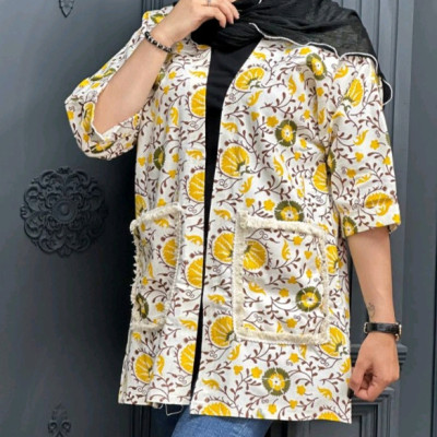 مانتو اسپرت زنانه لنین مدل مانتو عبایی لینن دو جیب کنفی زرد