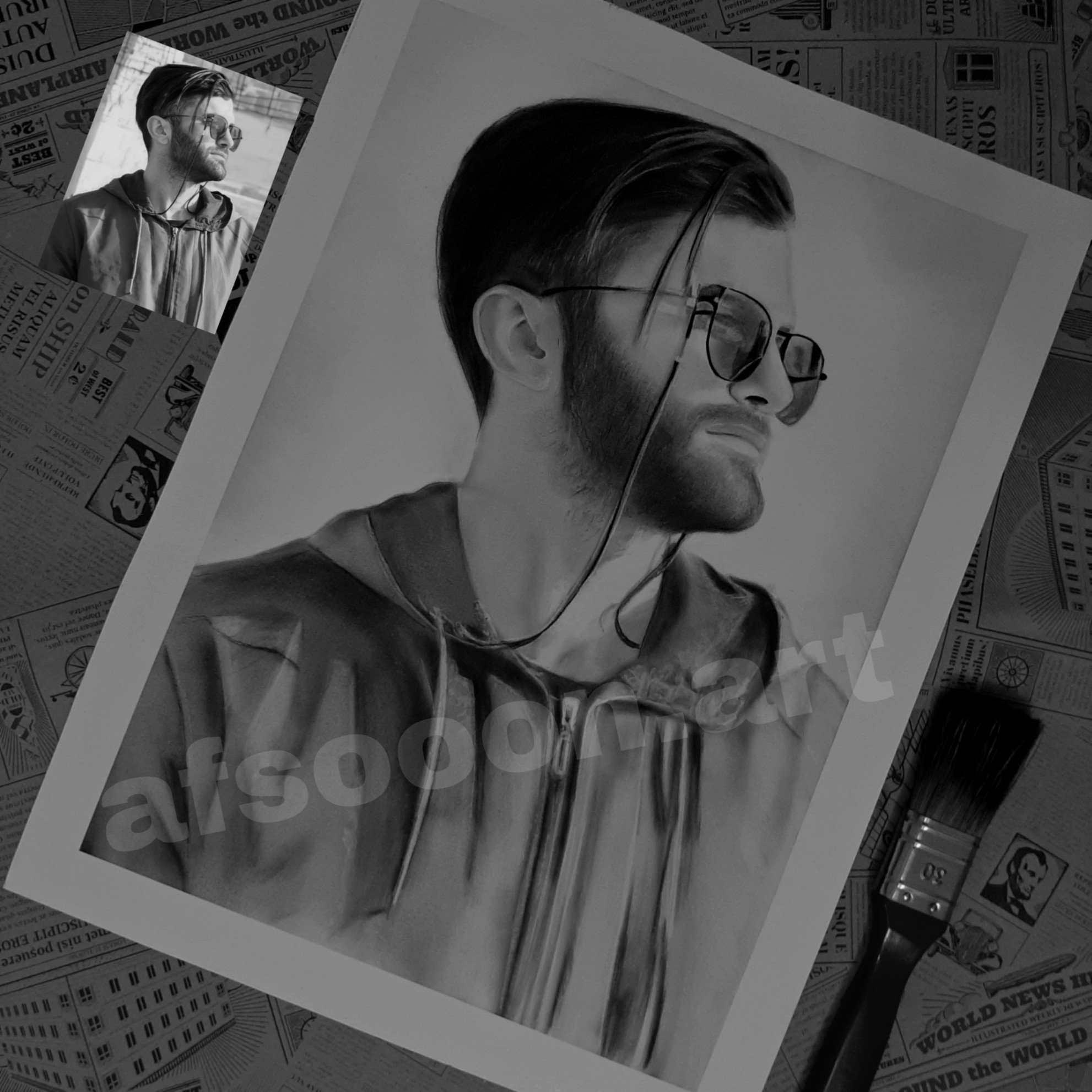 طراحی چهره سیاه قلم ابعاد 30 در 40 سانت