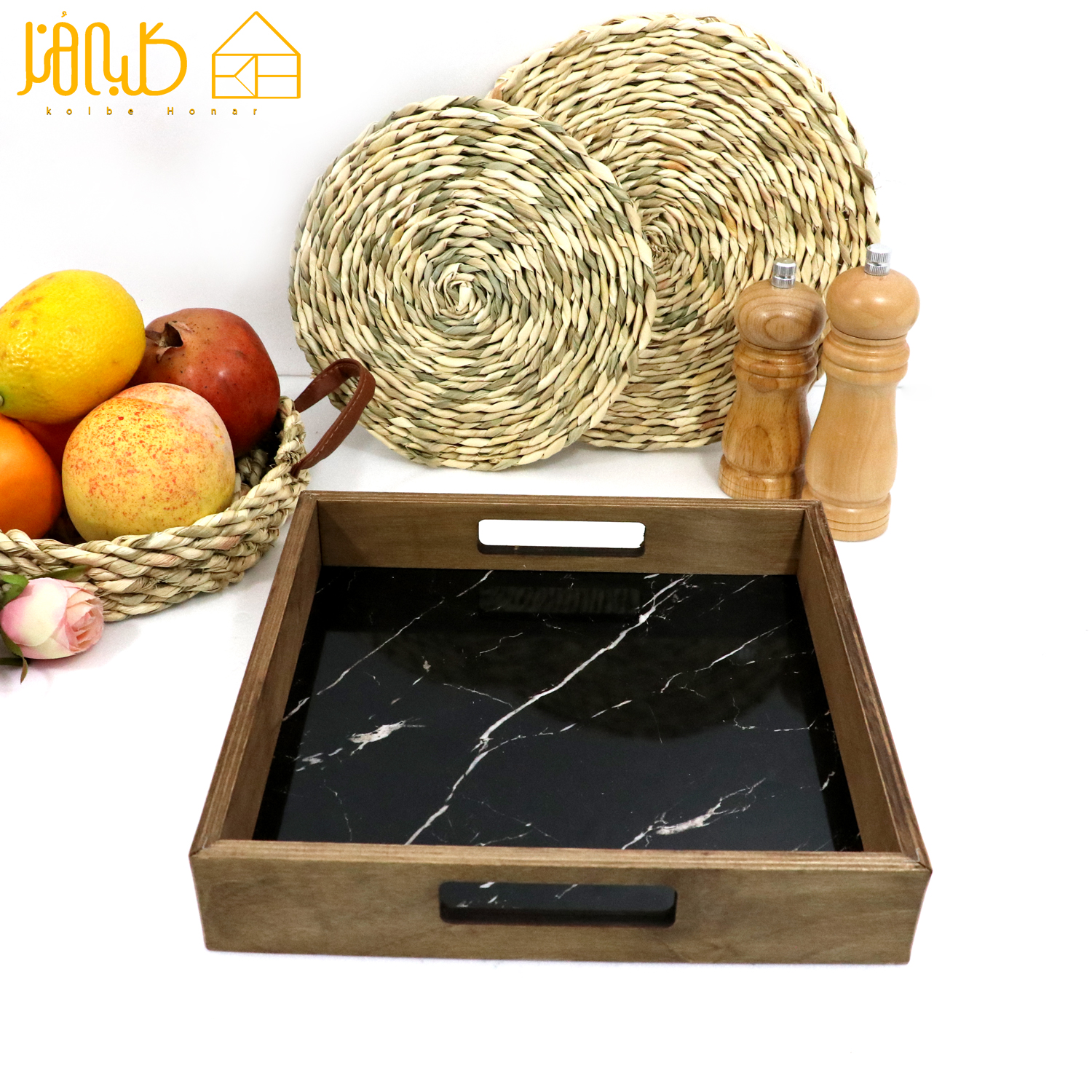 سینی چوبی مربع کف سنگ