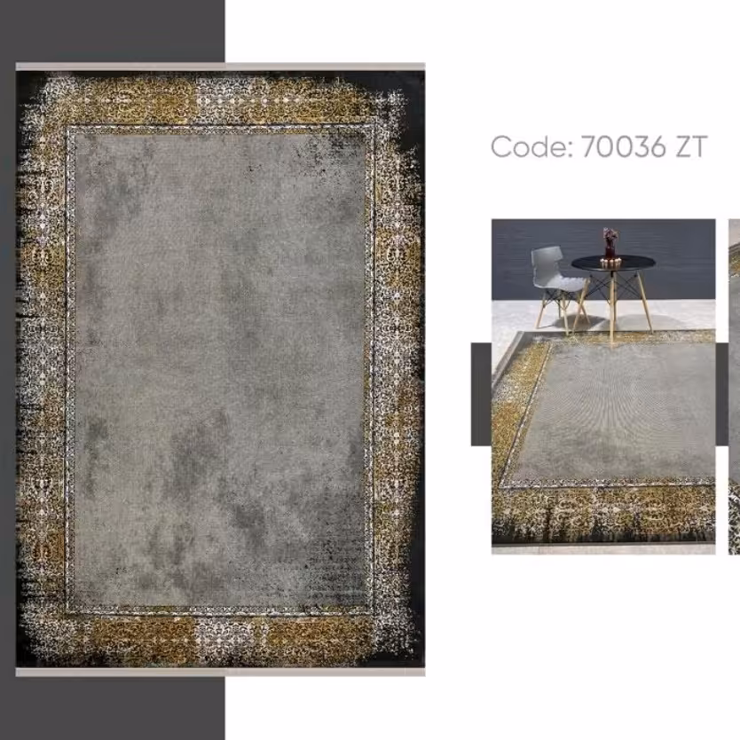 فرش وینیج و مدرن اکرولیک 700شانه تمام نخ و بافته شده از الیاف ترک مناسب هر دکوراسیونی بخاطر رنگ طوسی و سرور طلایی