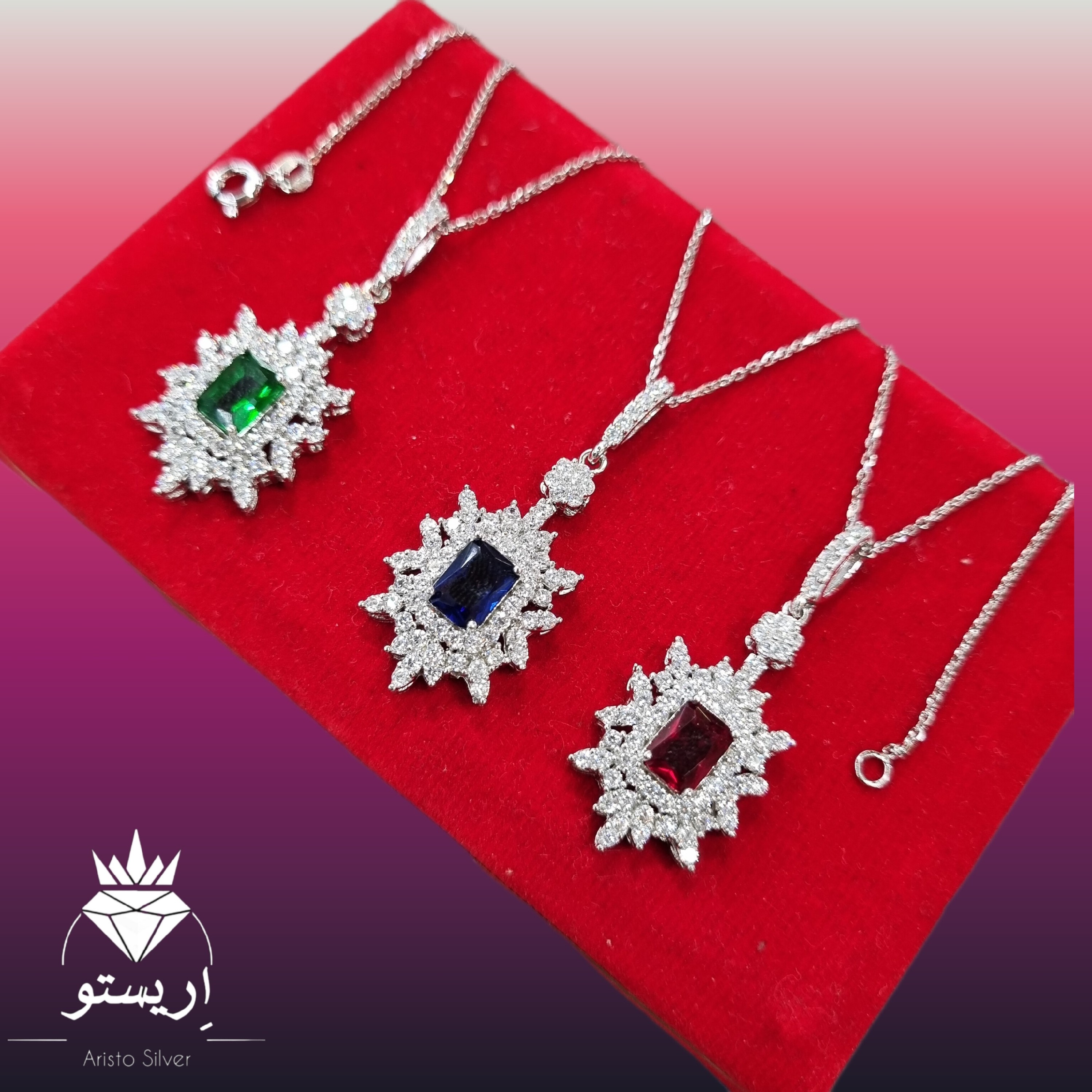 گردنبند نقره زنانه(با زنجیر)نگین رنگی(سبزقرمز و آبی) زنجیر 45 سانتی عیار 925 و آبکاری طلاسفید