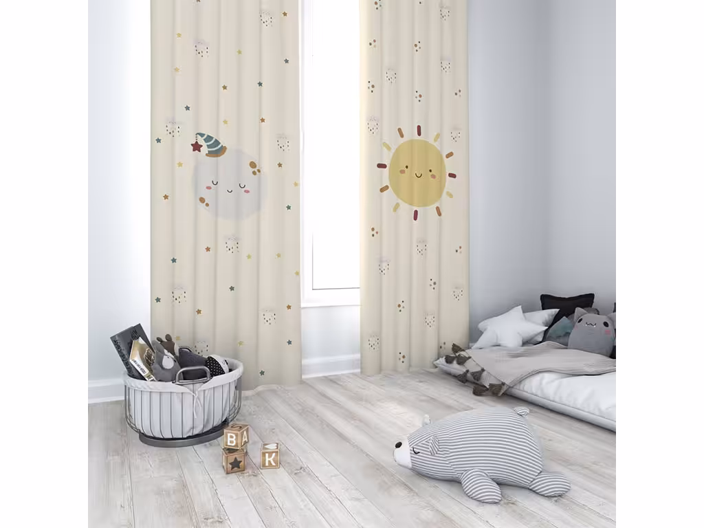 پرده پانچی ست لوازم اتاق کودک مدل مخمل با دوخت با 3 متر طول طرح خورشید، ستاره، ماه و رنگین کمان