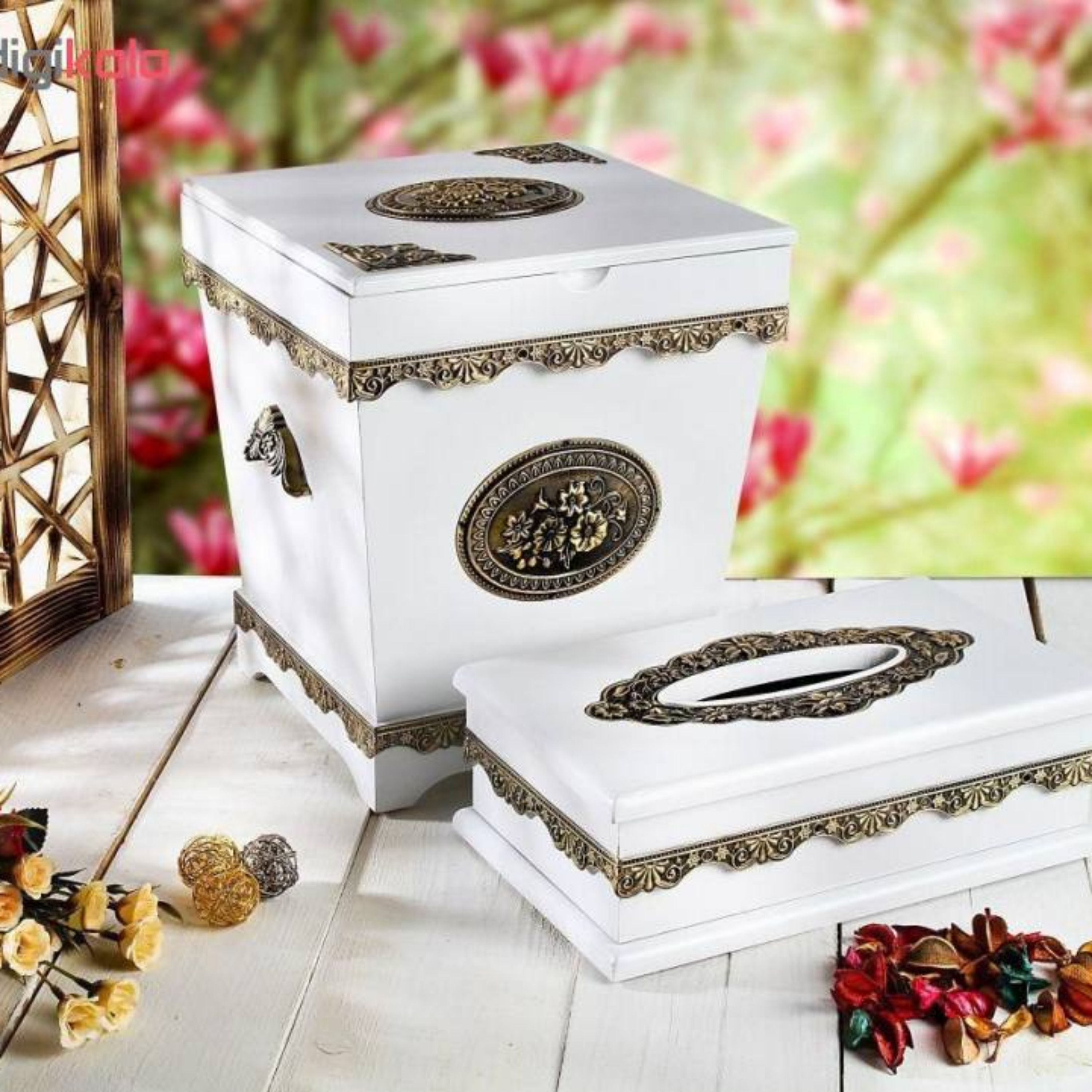 ست سطل و جا دستمال کاغذی چوبی مدل رویال
