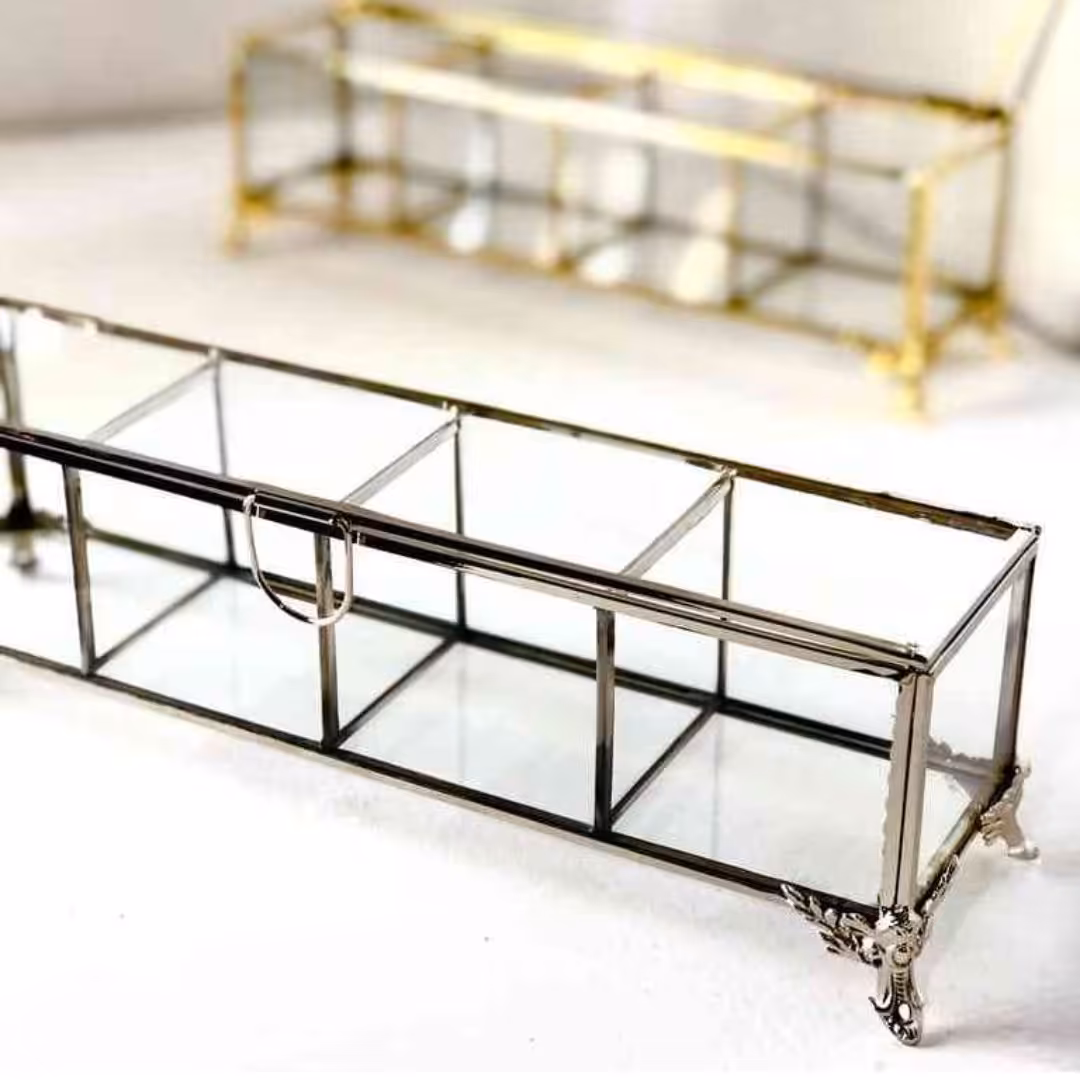 جعبه پذیرایی شیشه ای مدل مستطیلی باکس تیبگ شیک و خاص و خفن باکس پذیرایی دور استیل رنگ ثابت باکیفیت