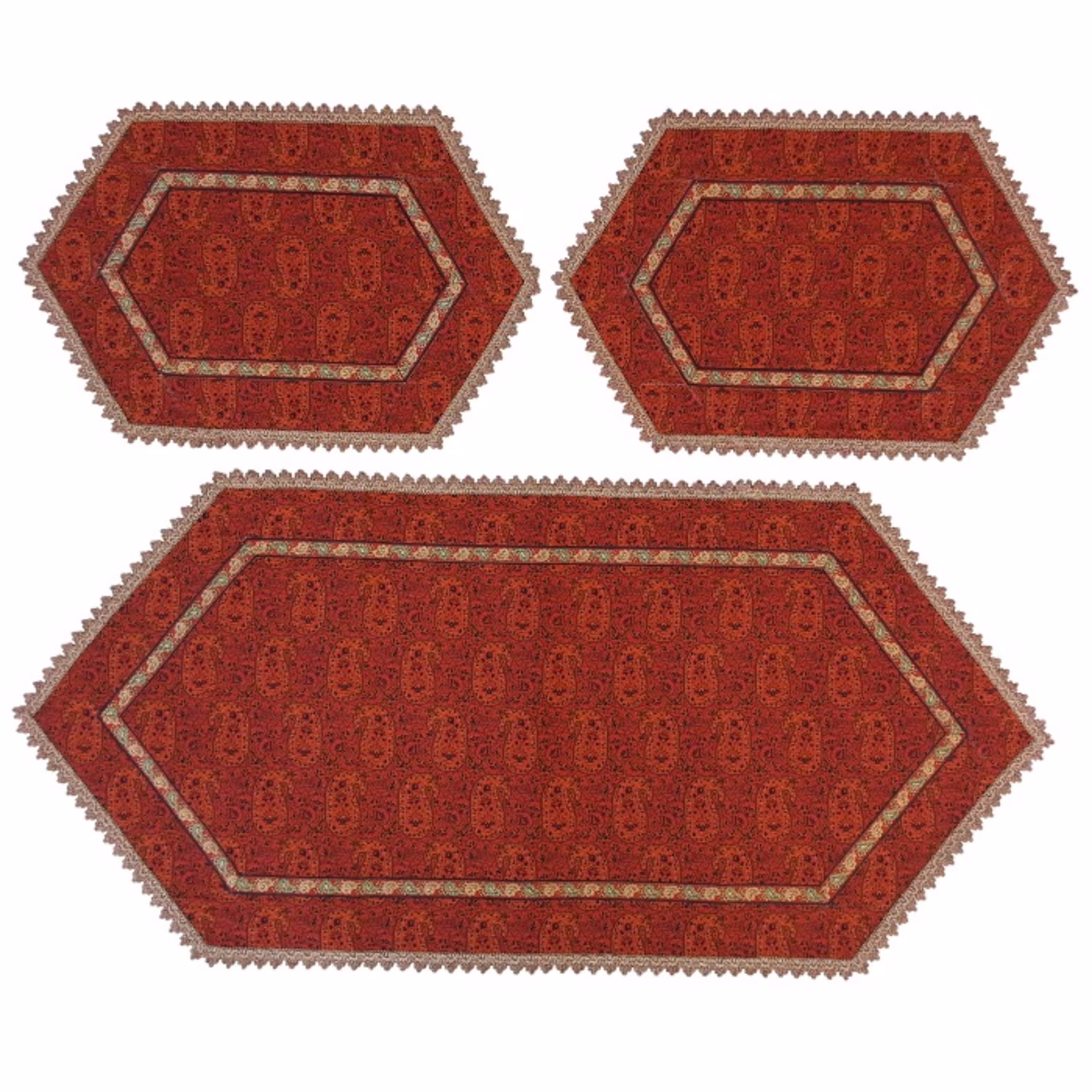 رومیزی سرویس ترمه ابریشم  کد TRSETE37 نفیس  رنگ قرمز  آستر زرشکی