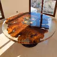 میز غذاخوری 8 نفره گرد چوب توسکا و رزین شفاف با پوشش لاک ایتالیایی سوپر شفاف