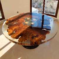 میز غذاخوری 8 نفره گرد چوب توسکا و رزین شفاف با پوشش لاک ایتالیایی سوپر شفاف