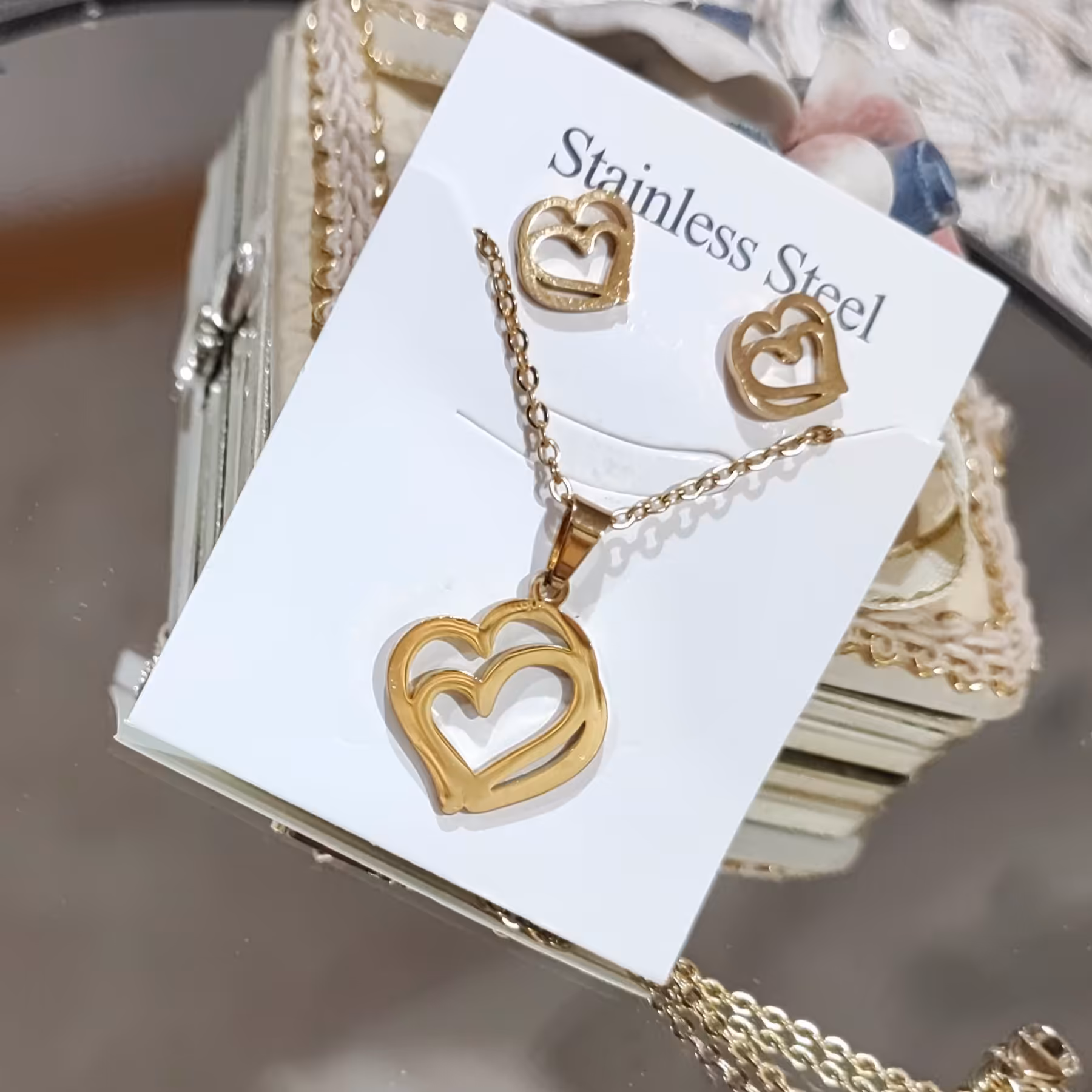 نیم ست استیل قلب رنگ ثابت طلایی
