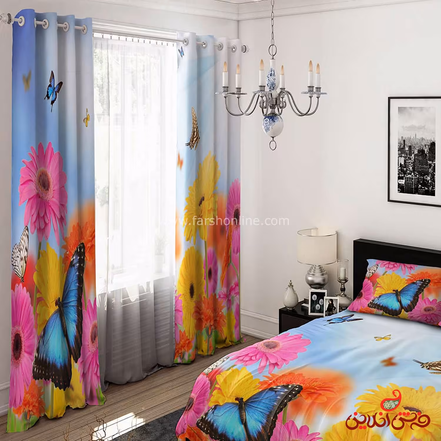 پرده 2 عددی کد 15433/1 طرح گل‌های بهاری و پروانه