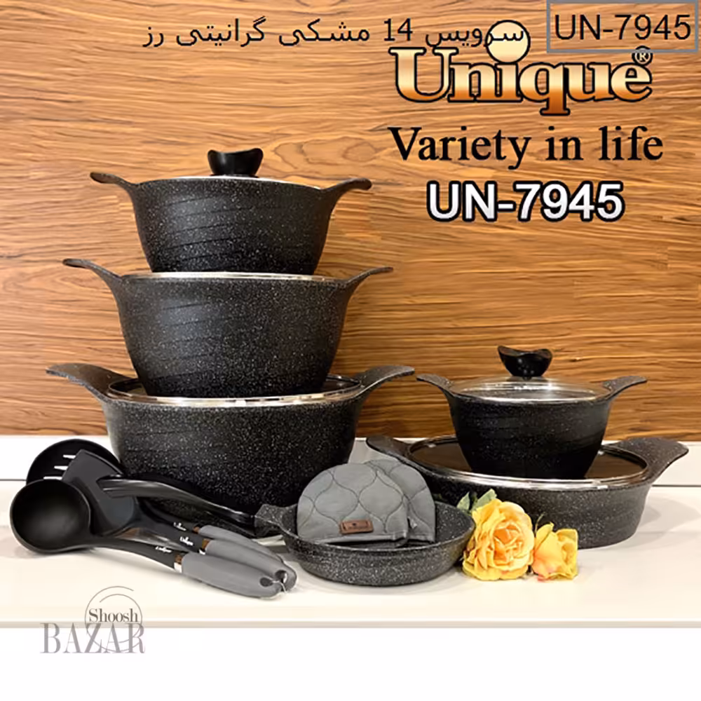 سرویس قابلمه 14 پارچه مشکی گرانیتی رز یونیک کد 7945