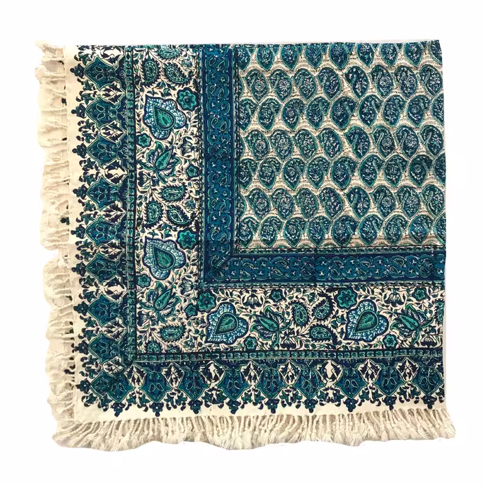 رومیزی قلمکاری طرح گل و بته سبزآبی