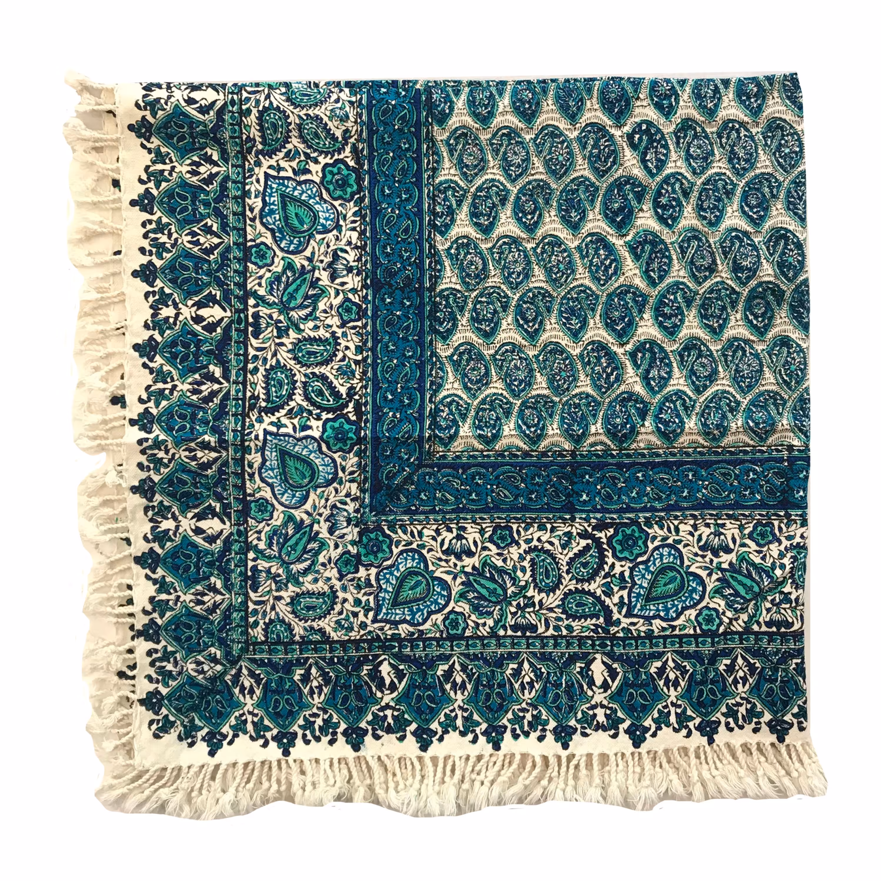 رومیزی قلمکاری طرح گل و بته سبزآبی