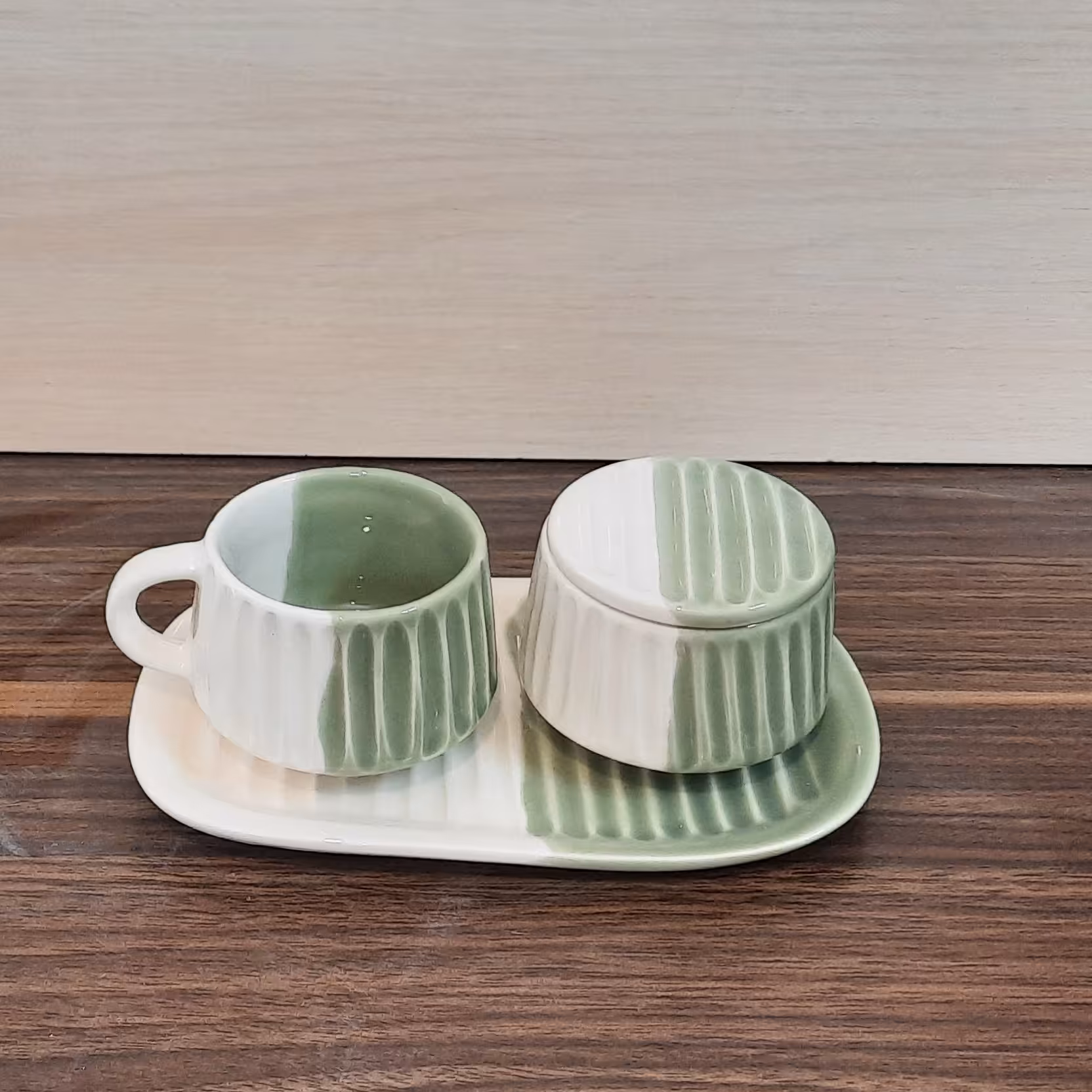 ست چایخوری یکنفره سرامیکی دستساز،سبزو سفید،کاملا قابل شستشو 