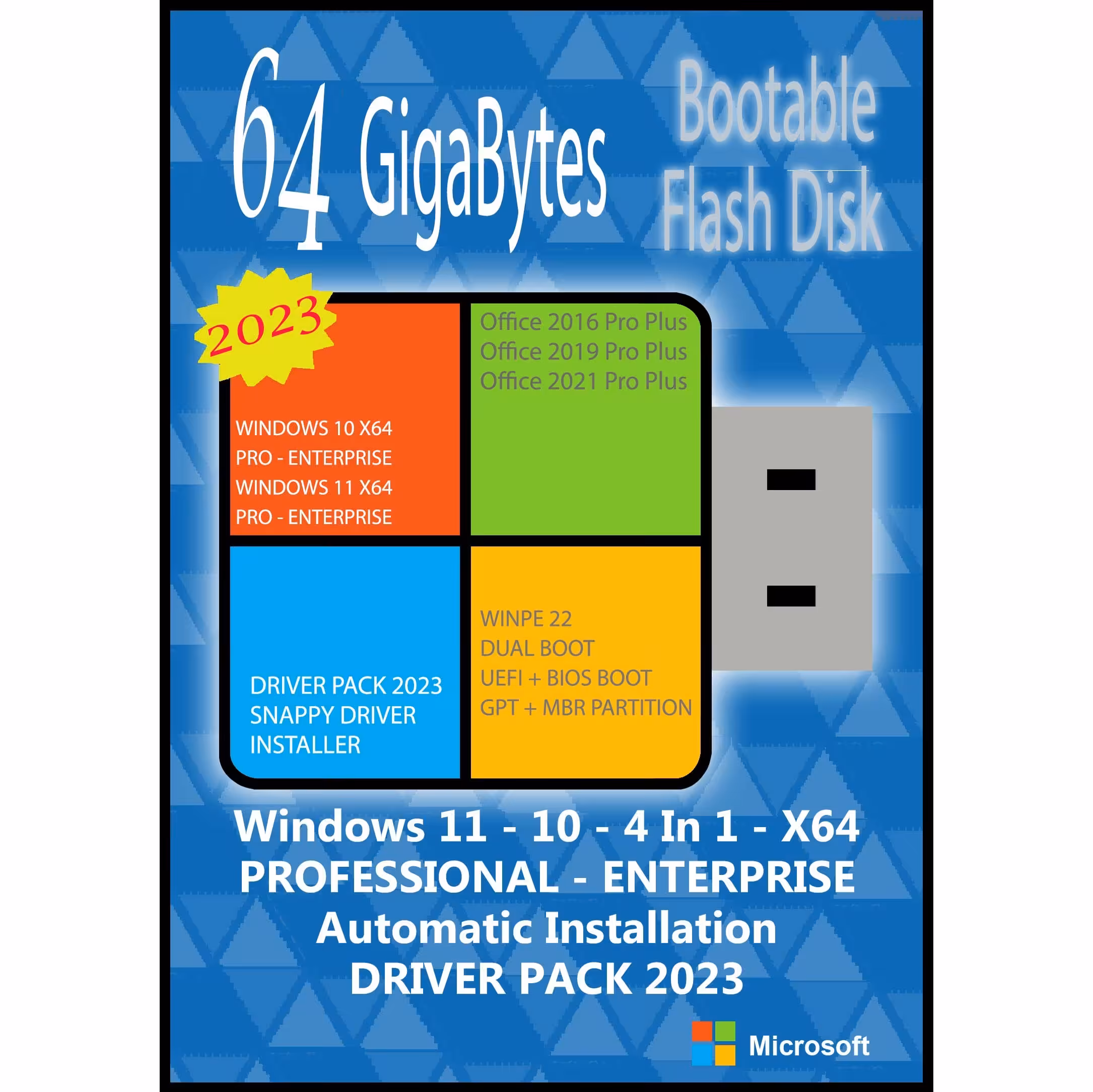 فلش بوتیبل Windows 11 10 Pro. Ent. 4In1 X64 Driver Pack 2023 Office 2016-19-21 