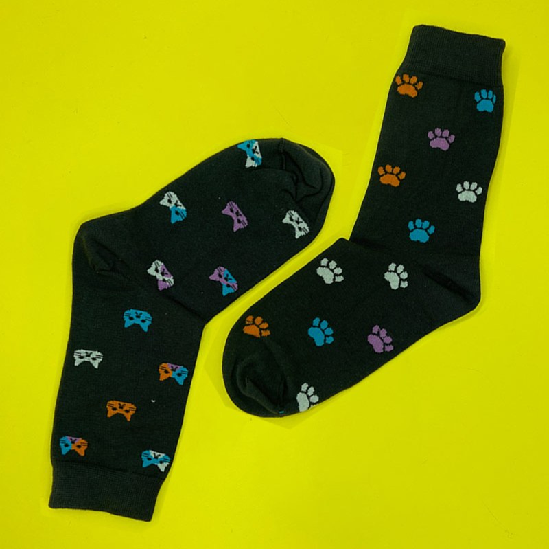 جوراب پنبه ای ساقدار فانتزی رنگ مشکی طرح گربه