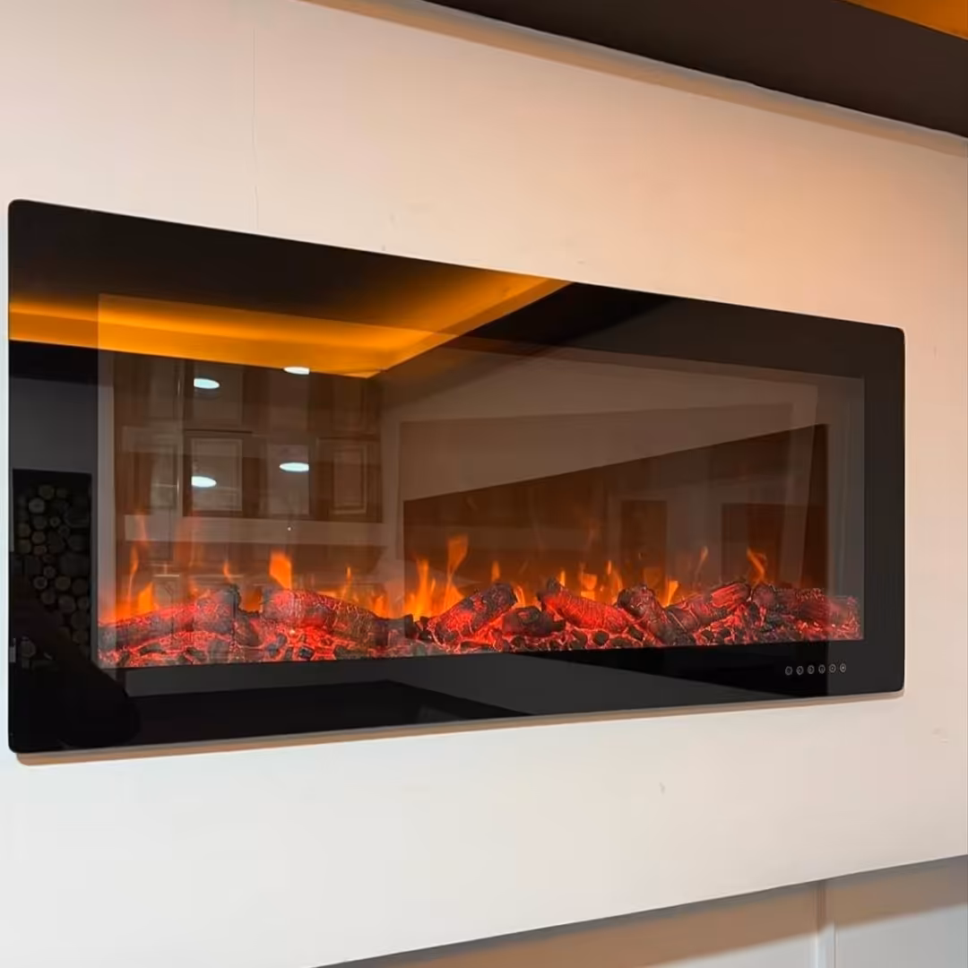 شومینه برقی پانوراموکس سه طرفه  با فن و هیتر ، هفترنگ دارای کنترل و تاچ صفحه و صدای اتش 