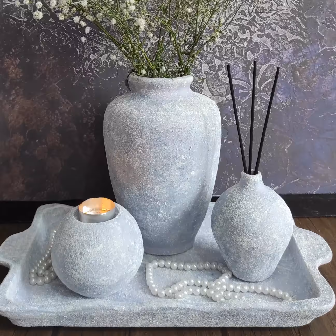 ست دکوراتیو سفالی پتینه شده سینی ، گلدان ، جای عود و جای شمع