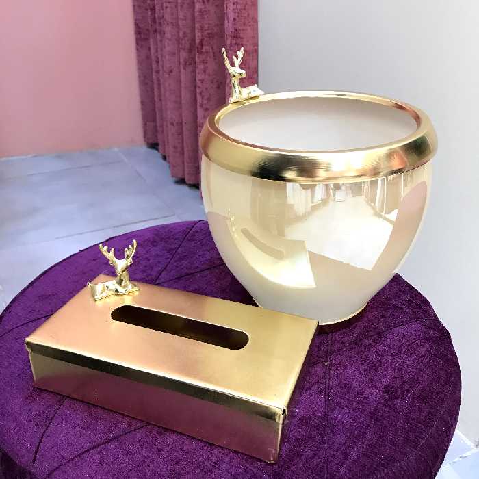 ست سطل زباله سطل آشغال و جا جعبه دستمال کاغذی کریستال کاراملی سلطنتی طرح گوزن مخصوص پذیرایی