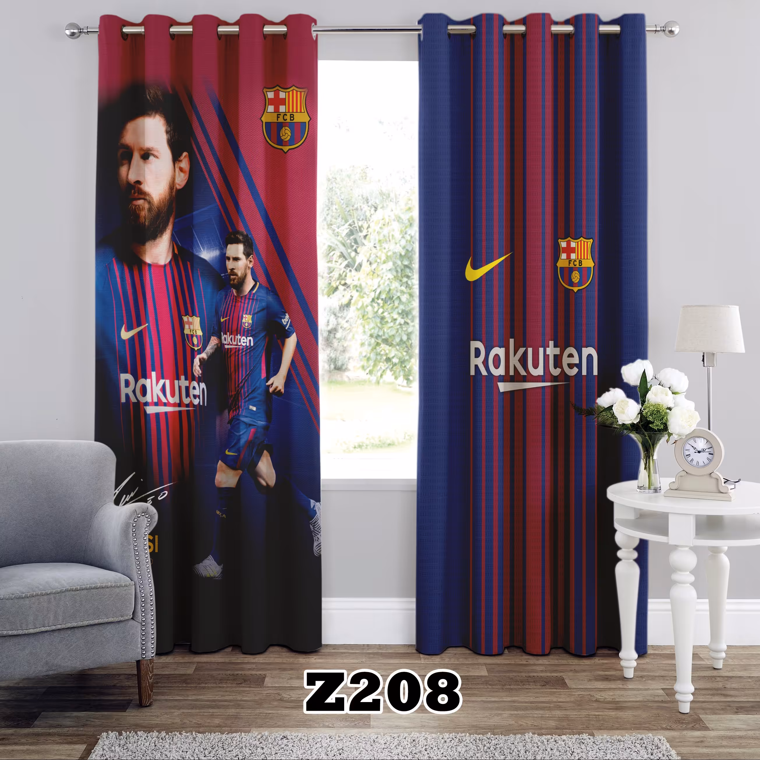 پرده چاپی طرح مسی بارسلونا کد Z208 تک قواره ارتفاع 300 عرض 140 سانت