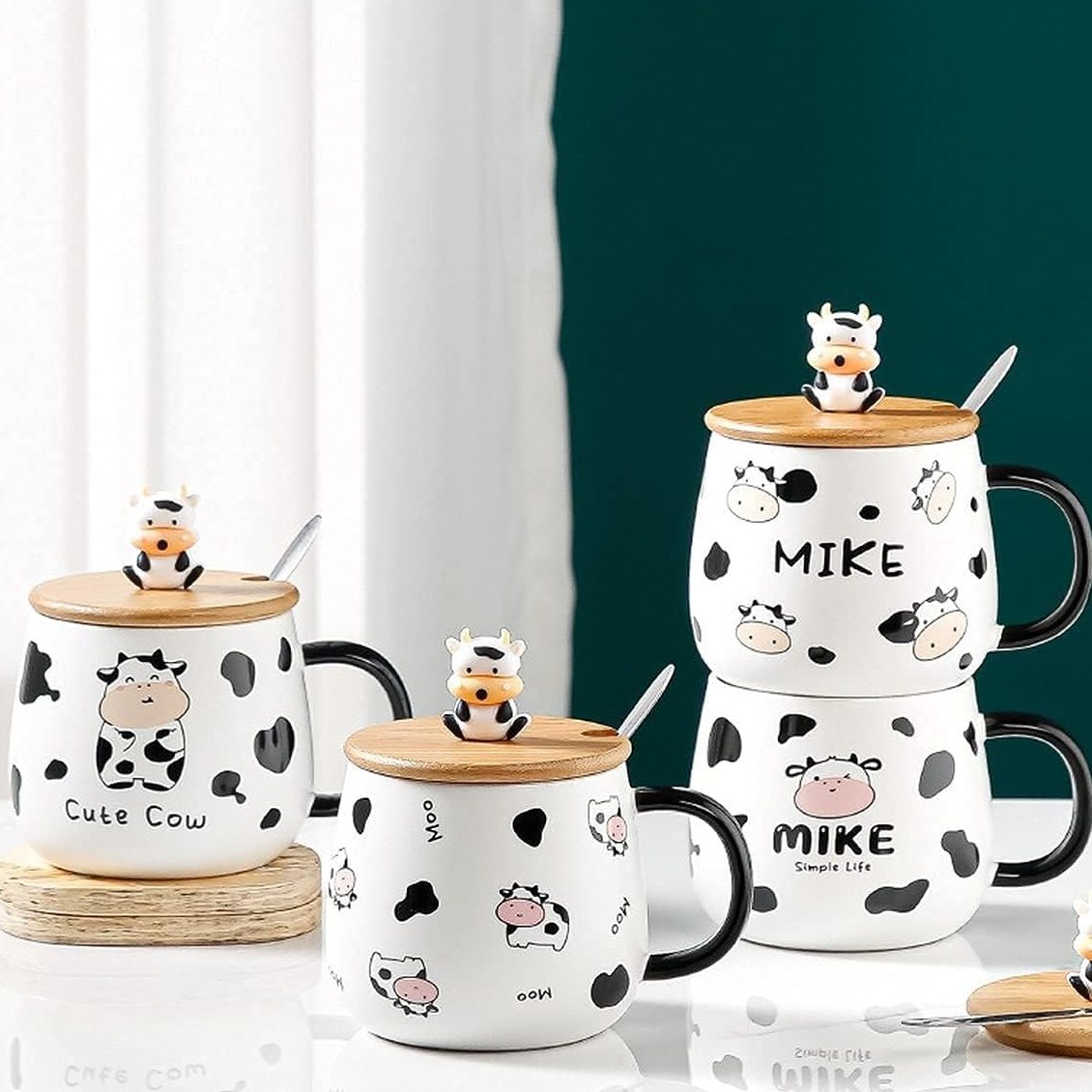 ماگ گاو - ماگ فانتزی طرح گاو با درب بامبو عروسک دار و قاشق فلزی