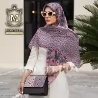 ست روسری یا شال و کیف پاسپورتی طرح بابونه طوسی صورتی برند مونتلا ارسال به سراسر کشور