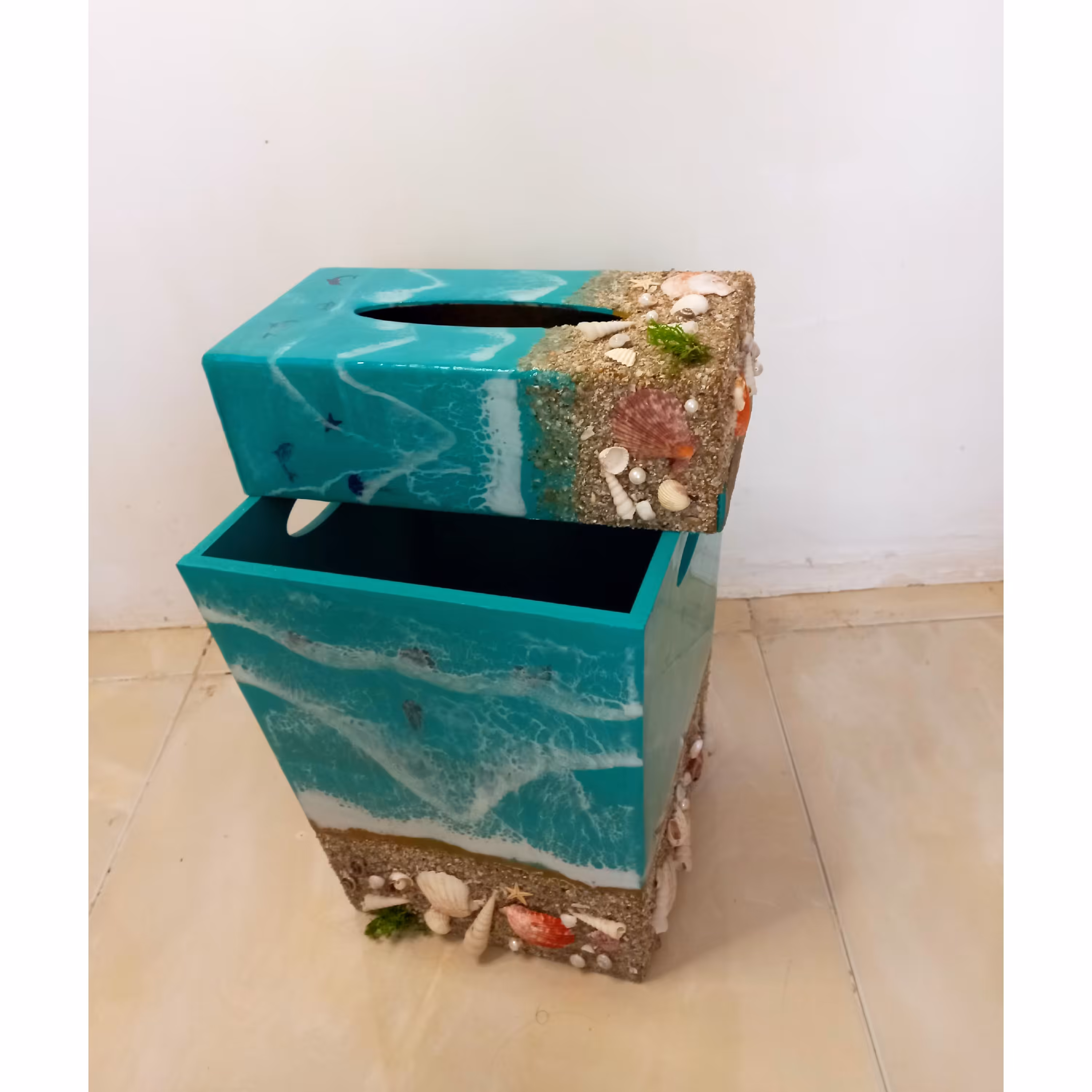 ست جاکلیدی و سطل و جای دستمال کاغذی  رزینی طرح دریا(لطفا توضیحات محصول و ببینید)